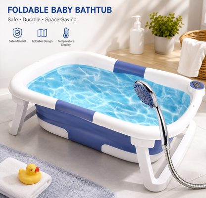 Collapsible Baby Bath Tub with Thermometer | Safe & Foldable Newborn Bath Solution