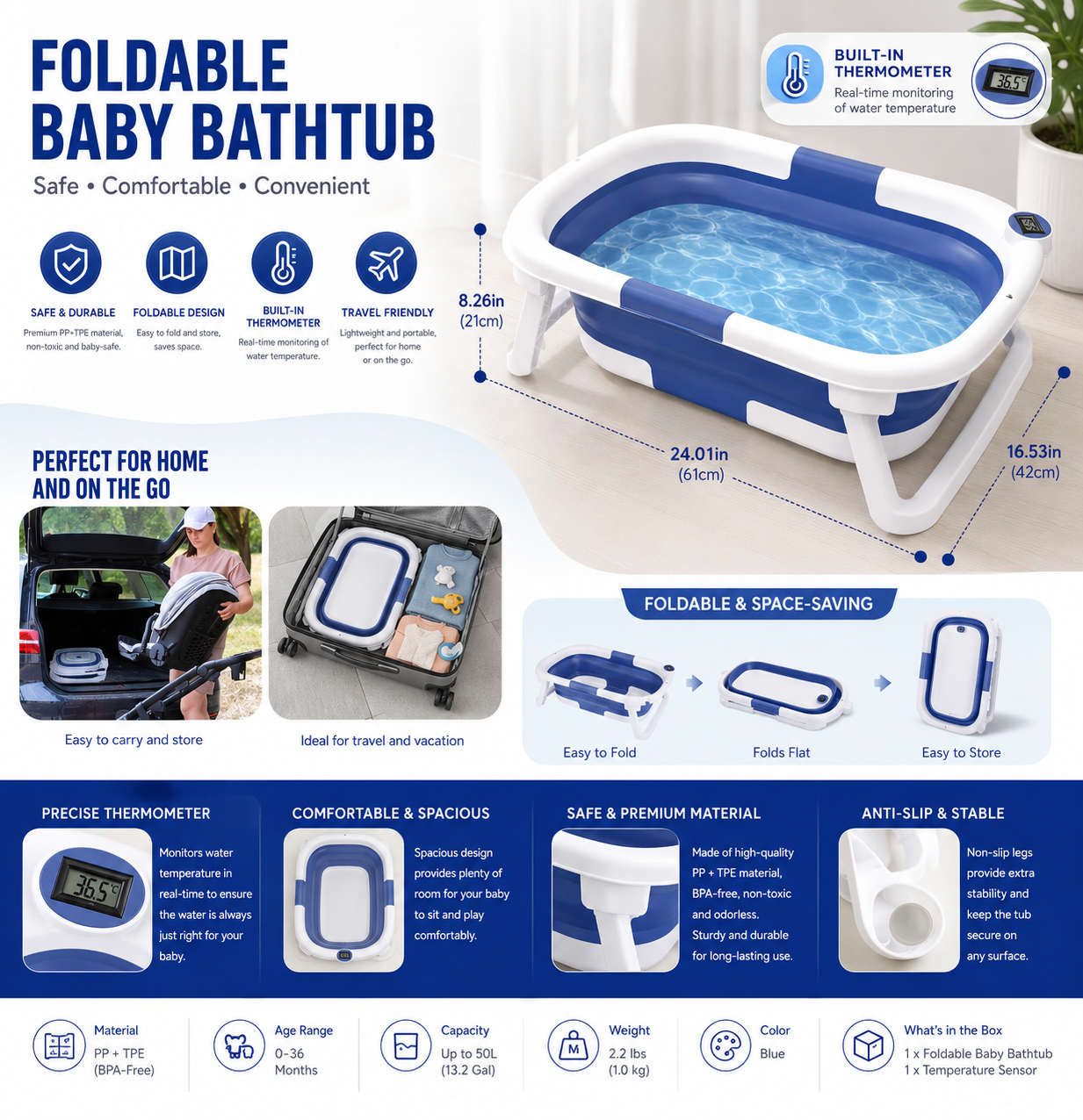 Collapsible Baby Bath Tub with Thermometer | Safe & Foldable Newborn Bath Solution