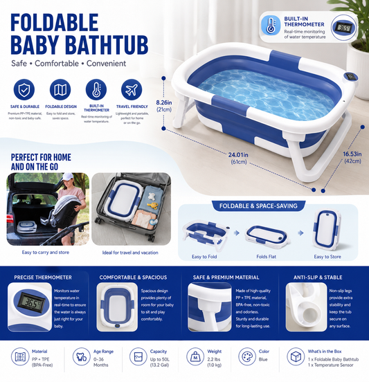 Collapsible Baby Bath Tub with Thermometer | Safe & Foldable Newborn Bath Solution